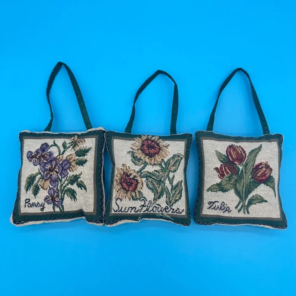 Vintage Floral Tapestry Sachet Pillows Set of 3 Pansy Sunflower Tulip Botanical